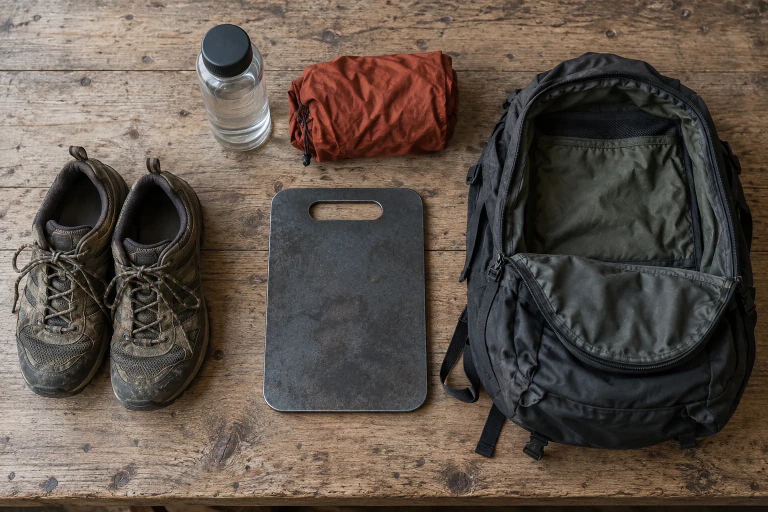 Illustrative flat lay of a pack, plain weight plate, water, rain shell and walking shoes.