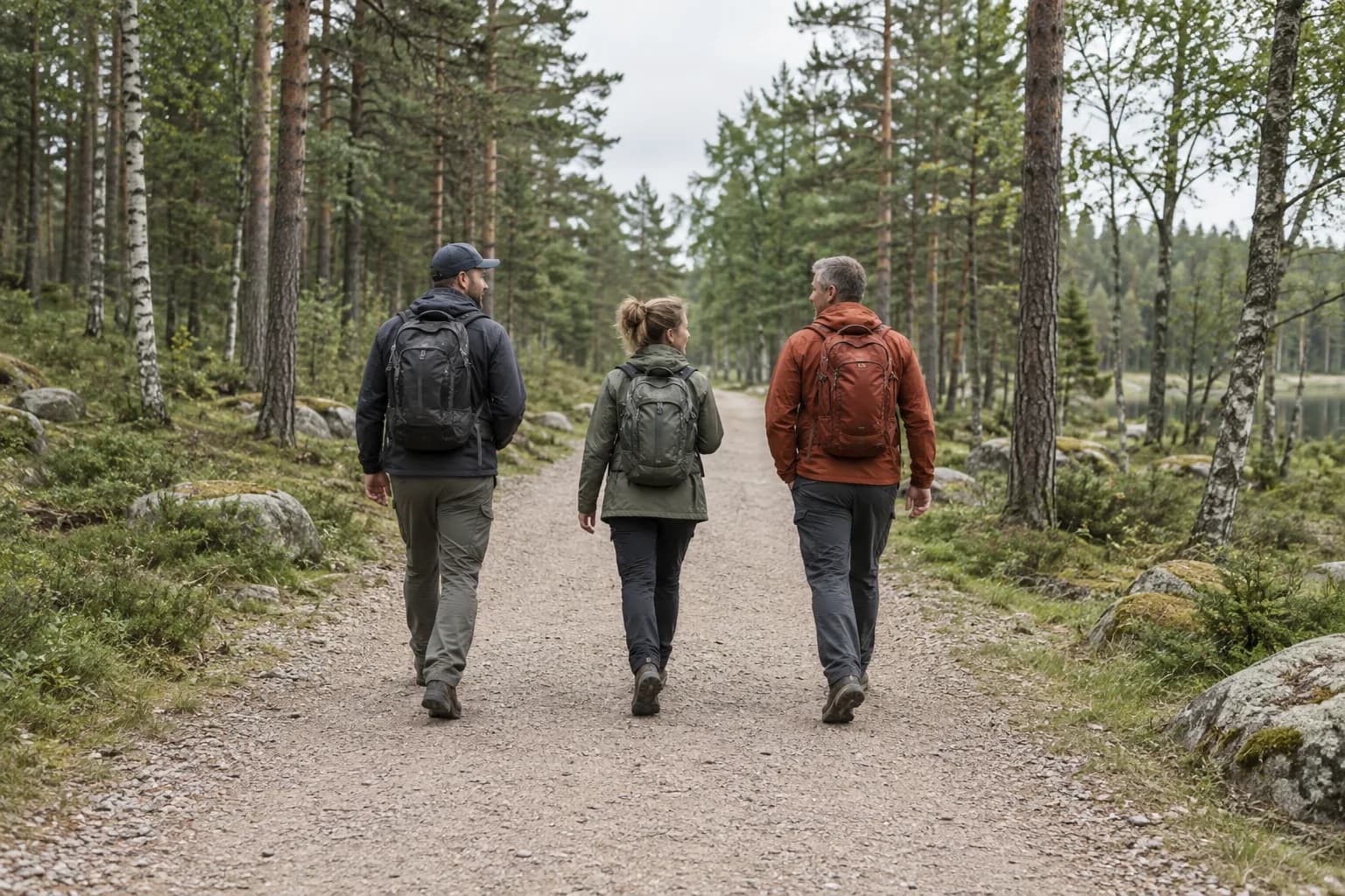 Illustrative scene of three adults with daypacks walking together through woodland.